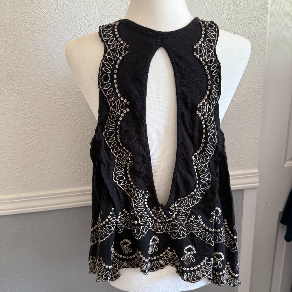Free People Black Embroidered Boho Tank Top | Size XS
